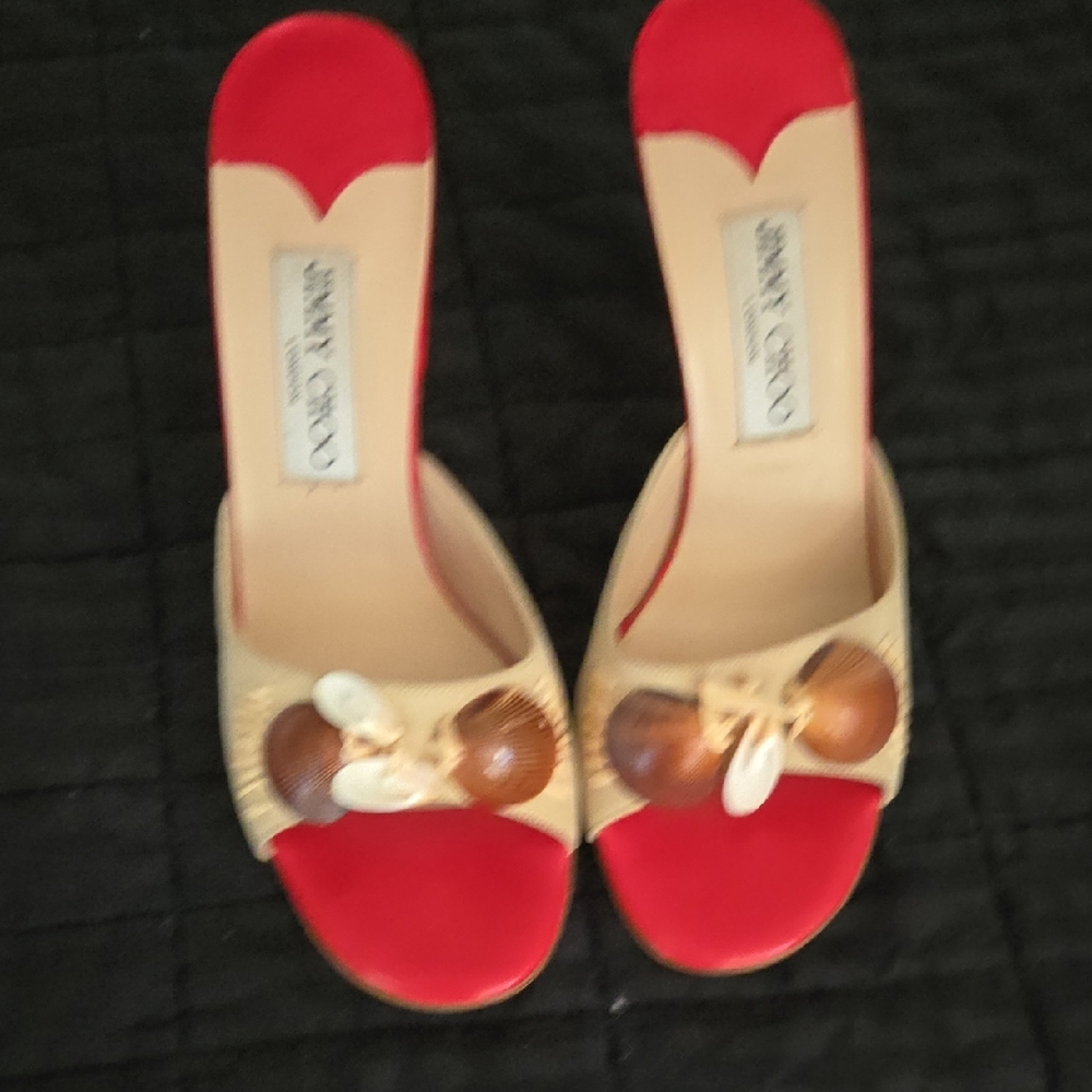 Jimmy Choo Red and Tan Mules with Shell Accents - Picture 10 of 10